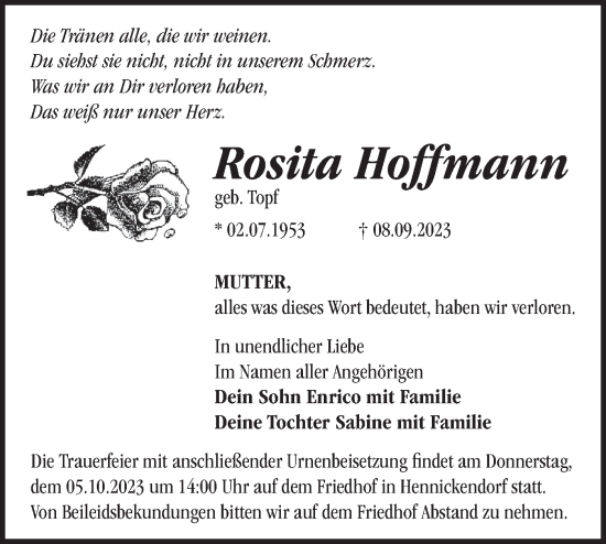 Traueranzeige von Rosita Hoffmann von Märkische Oderzeitung