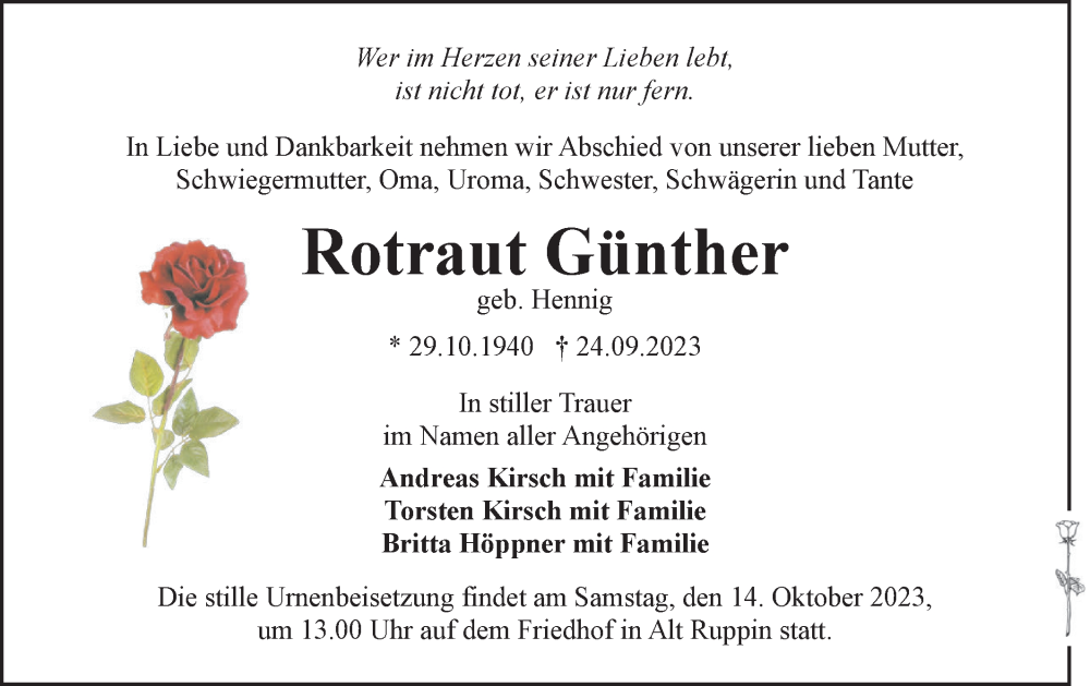  Traueranzeige für Rotraut Günther vom 30.09.2023 aus Märkische Oderzeitung