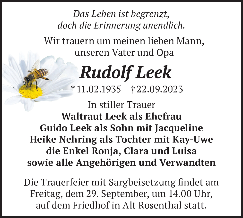  Traueranzeige für Rudolf Leek vom 26.09.2023 aus Märkische Oderzeitung