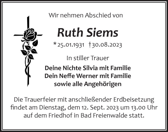 Traueranzeige von Ruth Siems von Märkische Oderzeitung