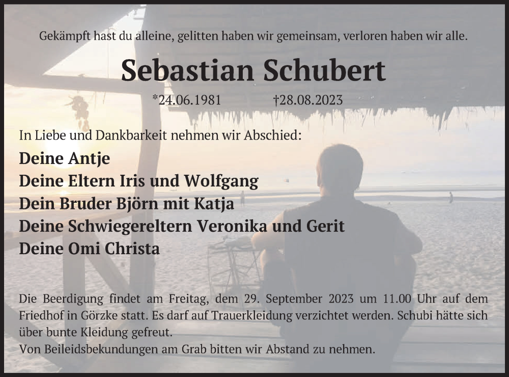  Traueranzeige für Sebastian Schubert vom 09.09.2023 aus Märkische Oderzeitung