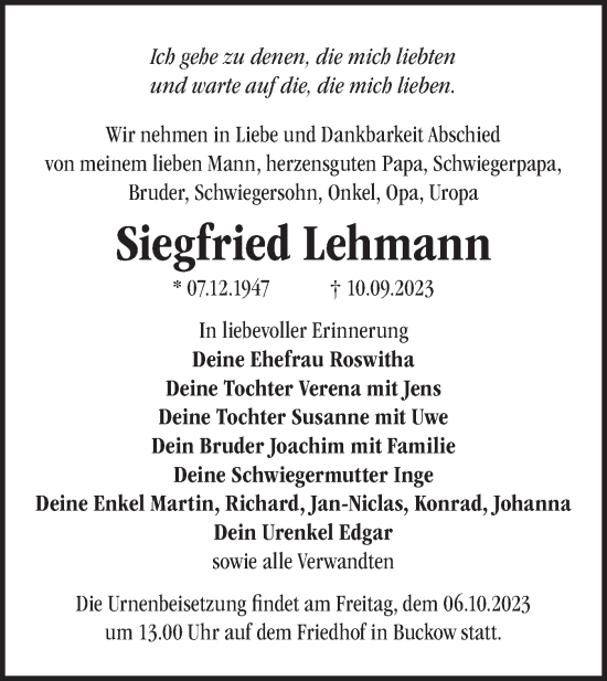 Traueranzeige von Siegfried Lehmann von Märkische Oderzeitung