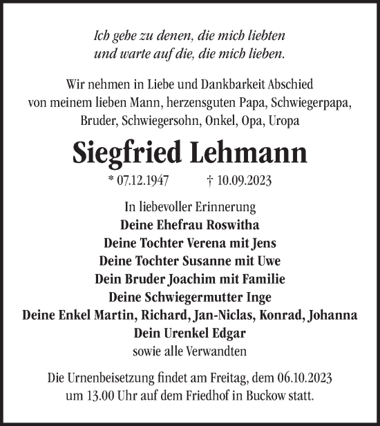 Traueranzeige von Siegfried Lehmann von Märkische Oderzeitung