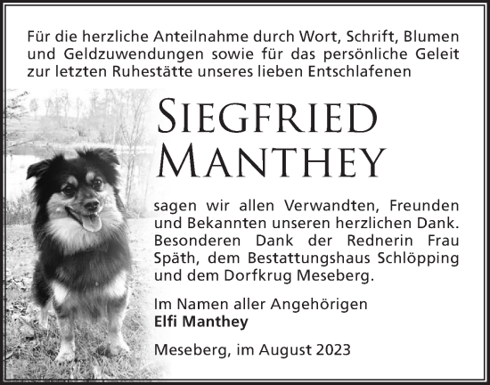 Traueranzeige von Siegfried Manthey von Märkische Oderzeitung