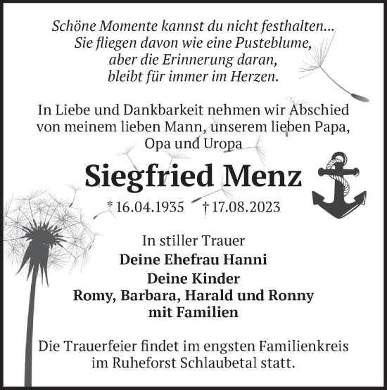 Traueranzeige von Siegfried Menz von Märkische Oderzeitung