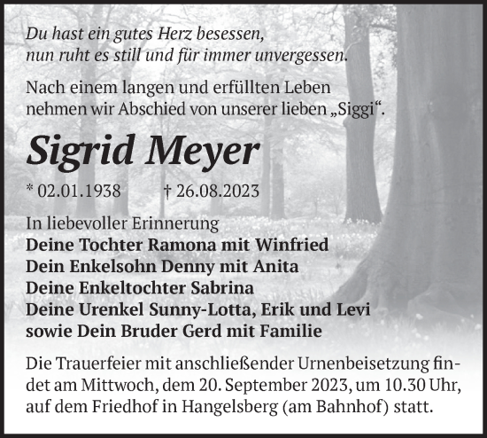 Traueranzeige von Sigrid Meyer von Märkische Oderzeitung