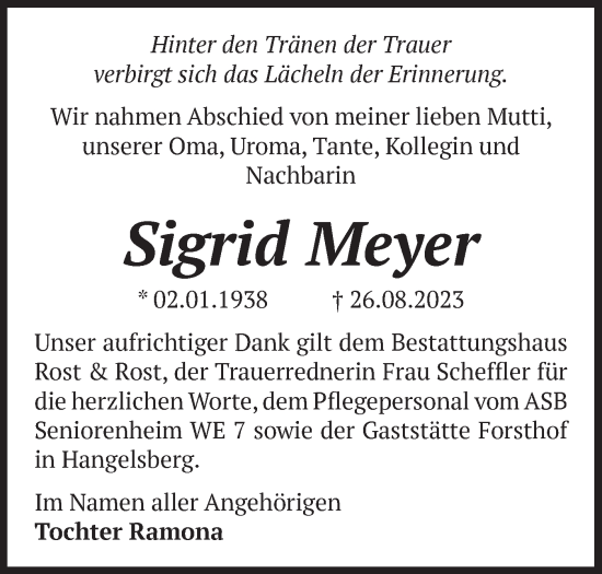 Traueranzeige von Sigrid Meyer von Märkische Oderzeitung