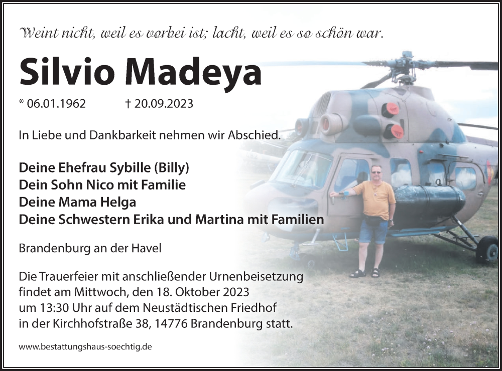  Traueranzeige für Silvio Madeya vom 30.09.2023 aus Märkische Oderzeitung