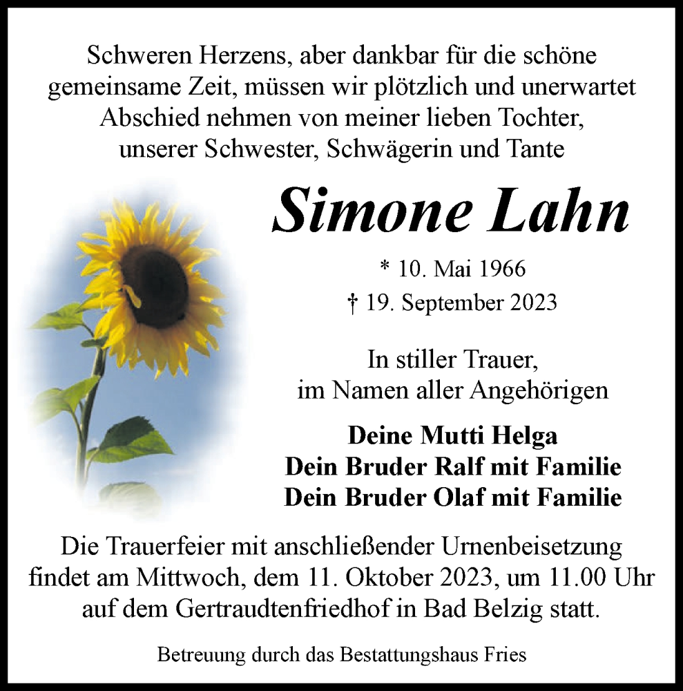  Traueranzeige für Simone Lahn vom 30.09.2023 aus Märkische Oderzeitung