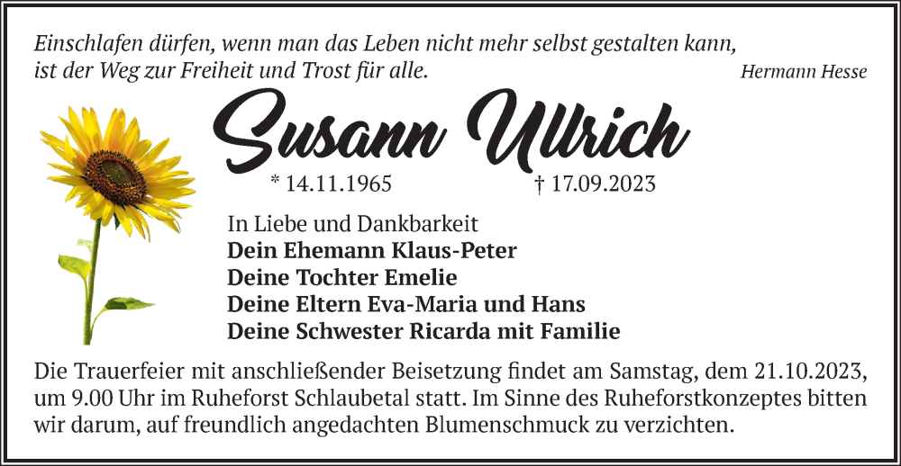  Traueranzeige für Susann Ullrich vom 30.09.2023 aus Märkische Oderzeitung