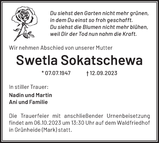 Traueranzeige von Swetla Sokatschewa von Märkische Oderzeitung