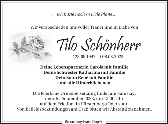 Traueranzeige von Tilo Schönherr von Märkische Oderzeitung