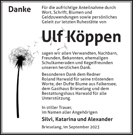 Traueranzeige von Ulf Köppen von Märkische Oderzeitung