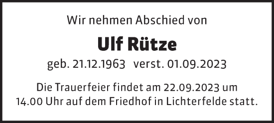 Traueranzeige von Ulf Rütze von Märkische Oderzeitung