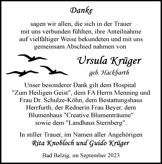 Traueranzeige von Ursula Krüger von Märkische Oderzeitung