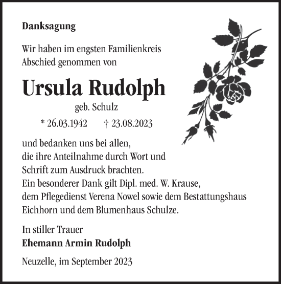 Traueranzeige von Ursula Rudolph von Märkische Oderzeitung