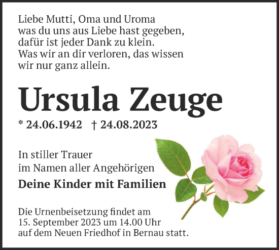 Traueranzeige von Ursula Zeuge von Märkische Oderzeitung