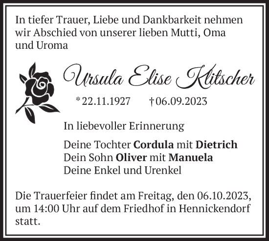 Traueranzeige von Ursula Elise Klitscher von Märkische Oderzeitung