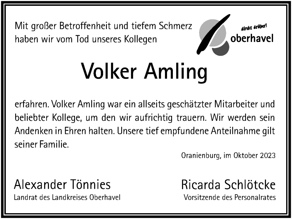  Traueranzeige für Volker Amling vom 30.09.2023 aus Märkische Oderzeitung