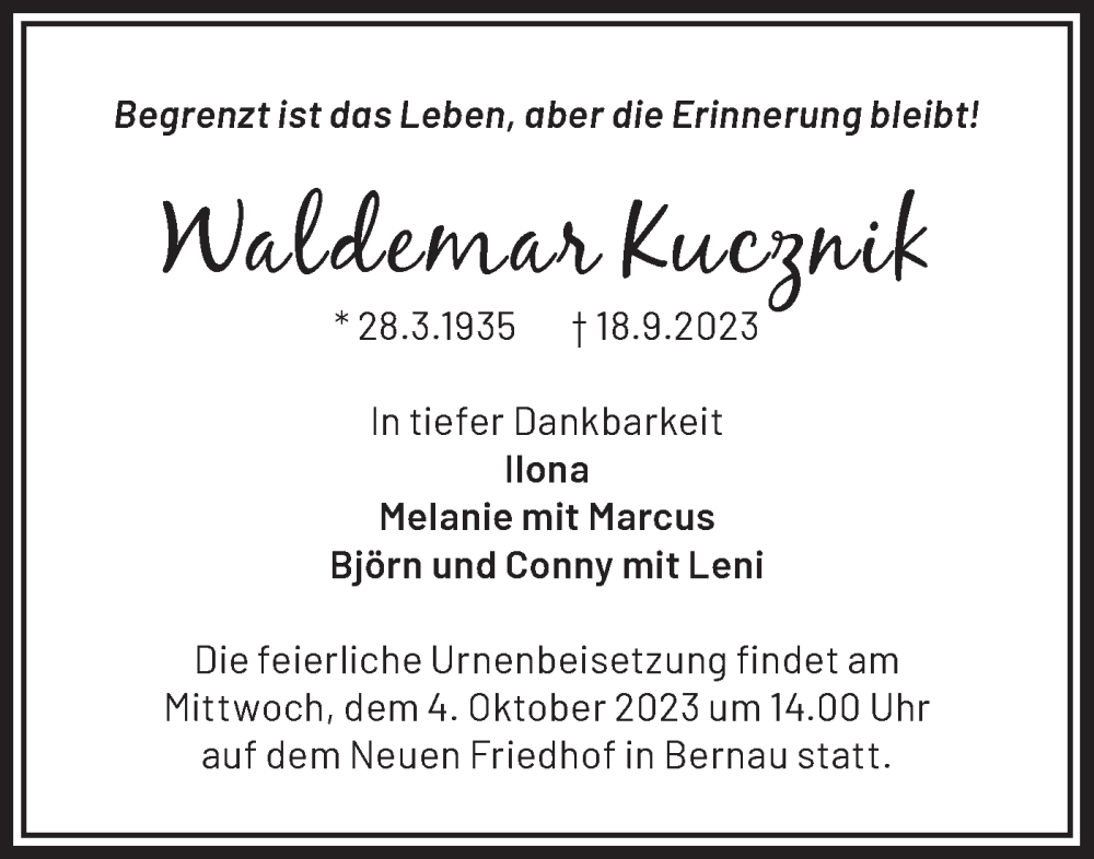  Traueranzeige für Waldemar Kucznik vom 30.09.2023 aus Märkische Oderzeitung