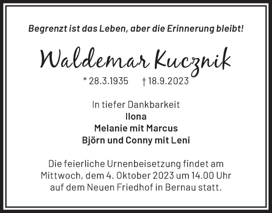 Traueranzeige von Waldemar Kucznik von Märkische Oderzeitung