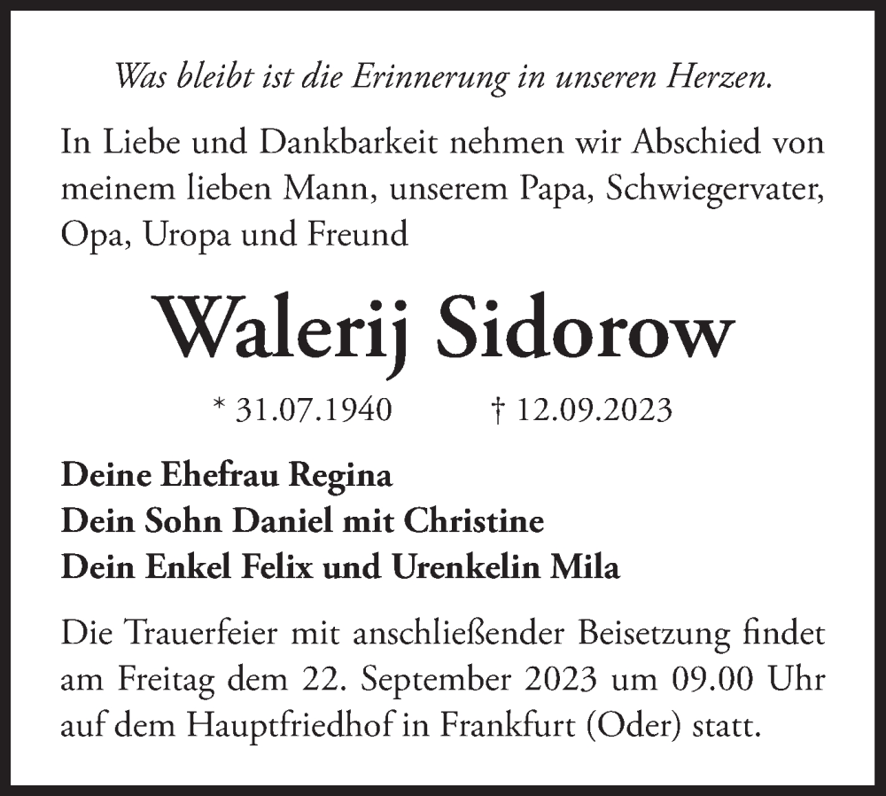  Traueranzeige für Walerij Sidorow vom 19.09.2023 aus Märkische Oderzeitung