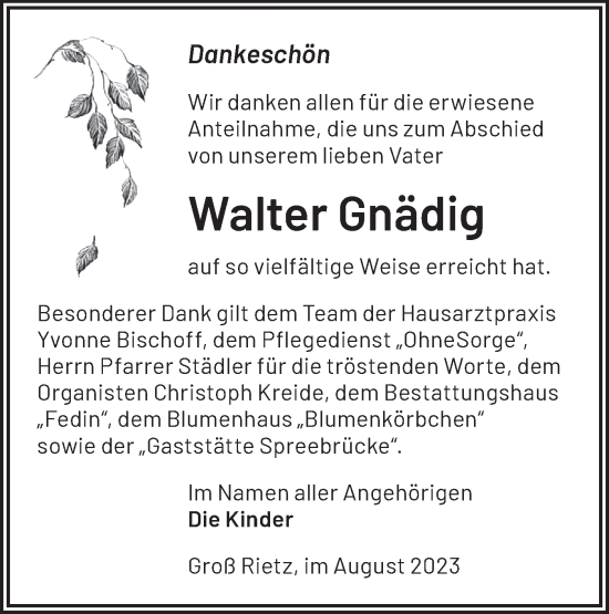 Traueranzeige von Walter Gnädig von Märkische Oderzeitung