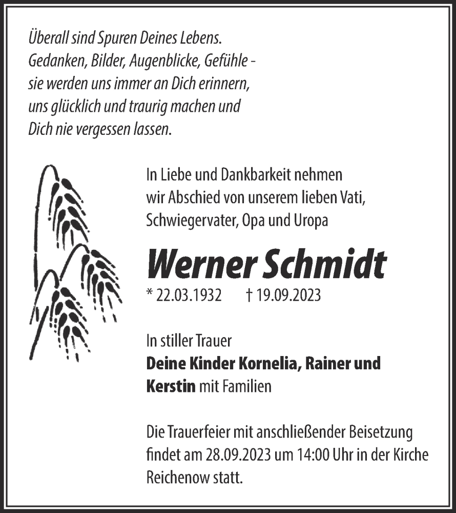  Traueranzeige für Werner Schmidt vom 23.09.2023 aus Märkische Oderzeitung
