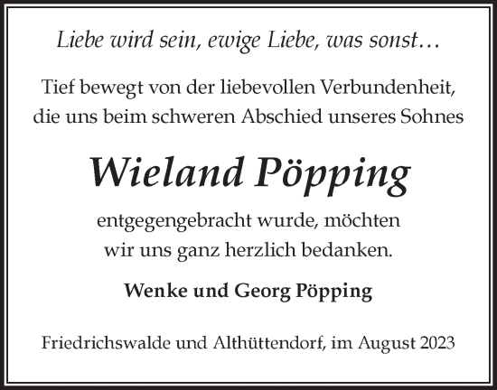 Traueranzeige von Wieland Pöpping von Märkische Oderzeitung