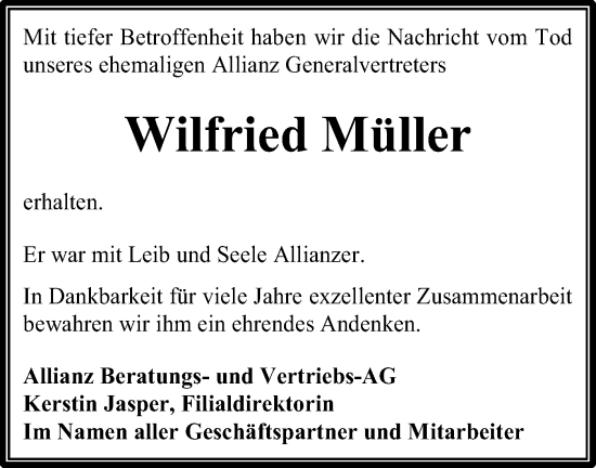 Traueranzeige von Wilfried Müller von Märkische Oderzeitung