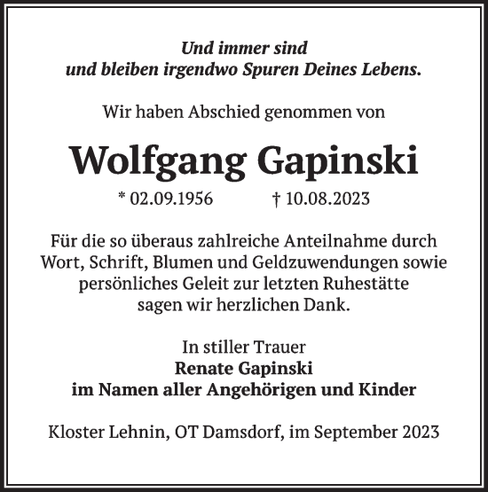 Traueranzeige von Wolfgang Gapinski von Märkische Oderzeitung