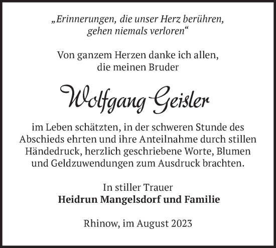 Traueranzeige von Wolfgang Geisler von Märkische Oderzeitung