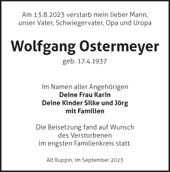 Traueranzeige von Wolfgang Ostermeyer von Märkische Oderzeitung