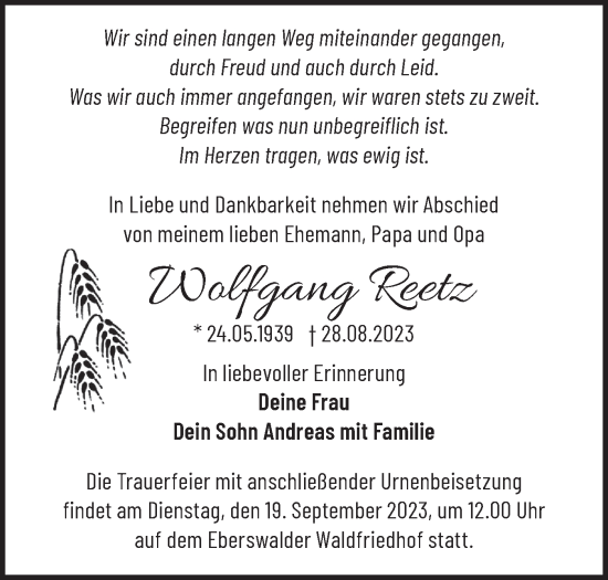 Traueranzeige von Wolfgang Reetz von Märkische Oderzeitung