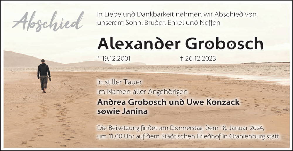  Traueranzeige für Alexander Grobosch vom 13.01.2024 aus Märkische Oderzeitung