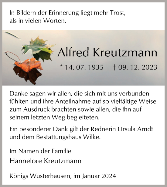 Traueranzeige von Alfred Kreutzmann von Märkische Oderzeitung