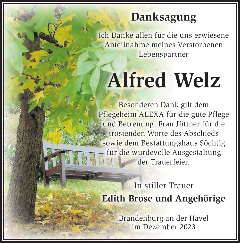  Traueranzeige für Alfred Welz vom 06.01.2024 aus Märkische Oderzeitung