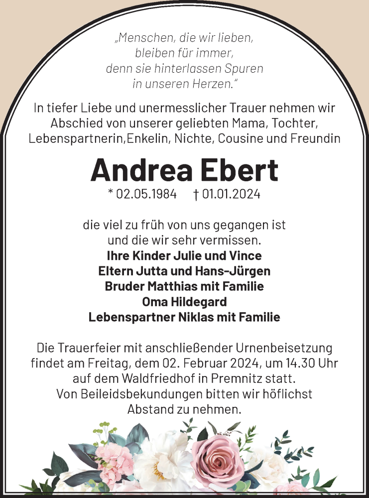  Traueranzeige für Andrea Ebert vom 27.01.2024 aus Märkische Oderzeitung