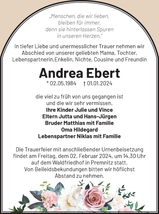 Traueranzeige von Andrea Ebert von Märkische Oderzeitung