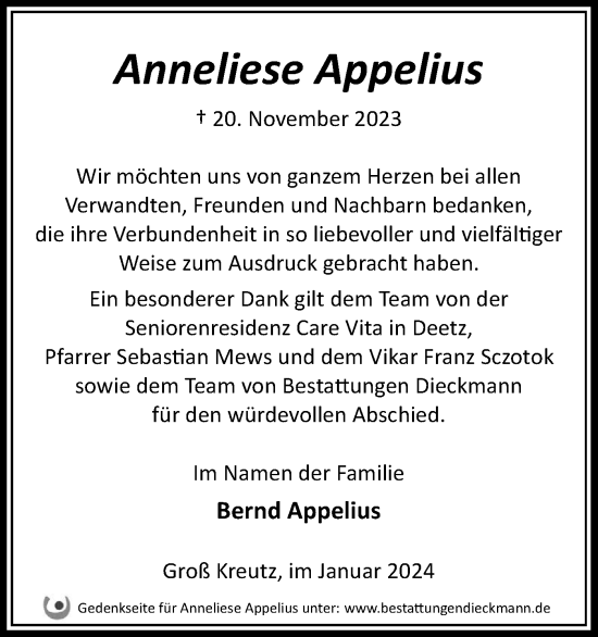 Traueranzeige von Anneliese Appelius von Märkische Oderzeitung