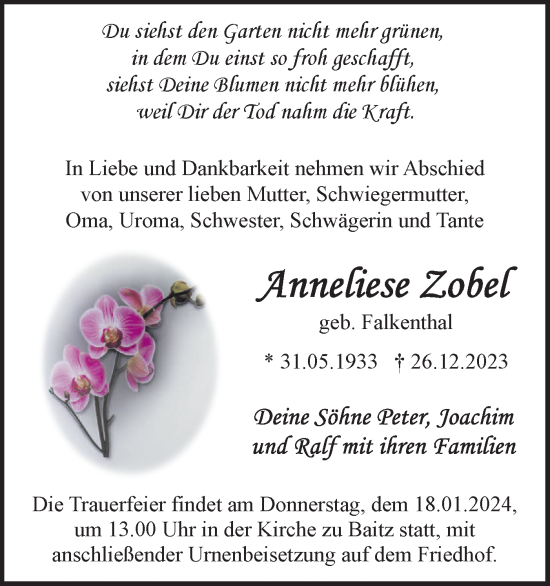 Traueranzeige von Anneliese Zobel von Märkische Oderzeitung