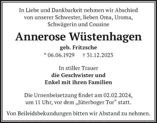 Traueranzeige von Annerose Wüstenhagen von Märkische Oderzeitung