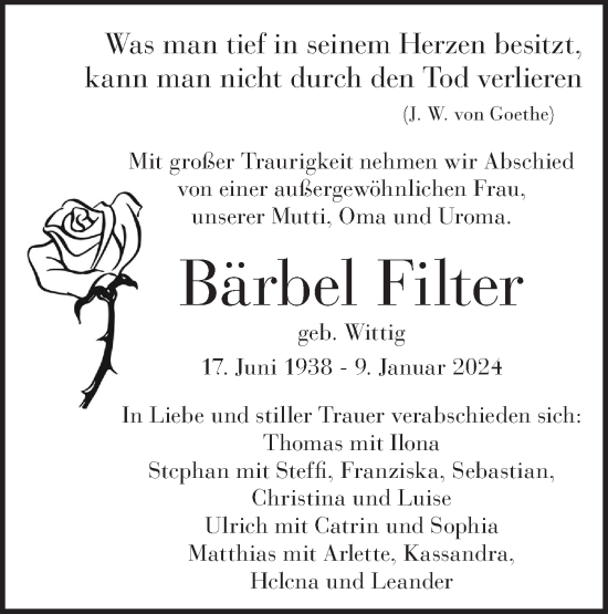 Traueranzeige von Bärbel Filter von Märkische Oderzeitung