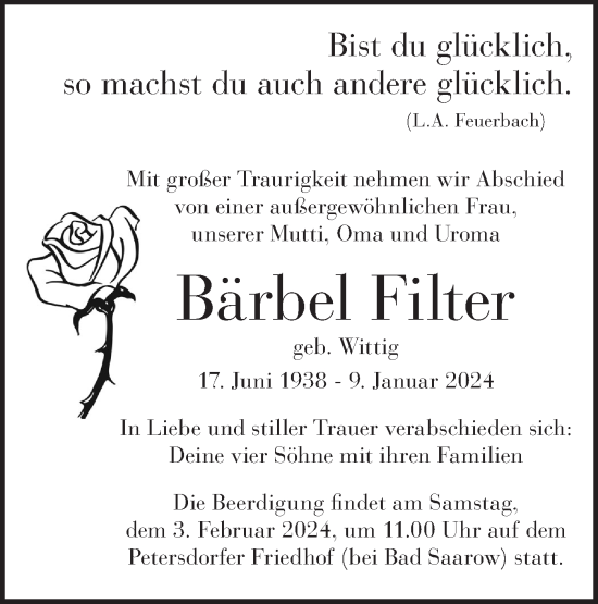 Traueranzeige von Bärbel Filter von Märkische Oderzeitung