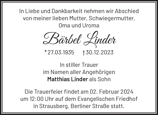 Traueranzeige von Bärbel Linder von Märkische Oderzeitung