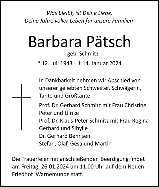 Traueranzeige von Barbara Pätsch von Märkische Oderzeitung