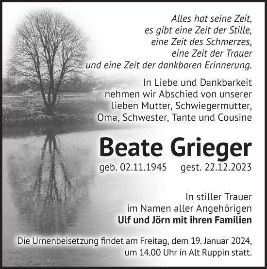 Traueranzeige von Beate Grieger von Märkische Oderzeitung