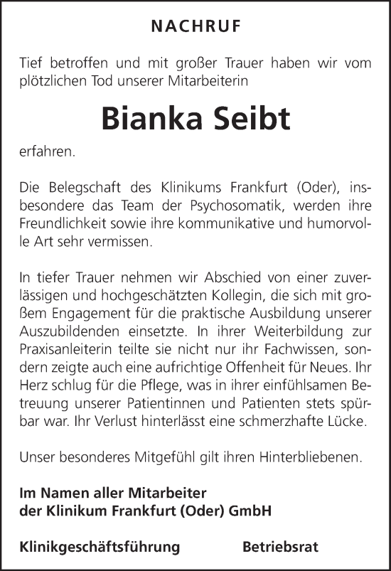 Traueranzeige von Bianka Seibt von Märkische Oderzeitung