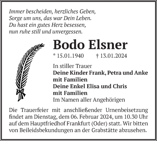 Traueranzeige von Bodo Elsner von Märkische Oderzeitung