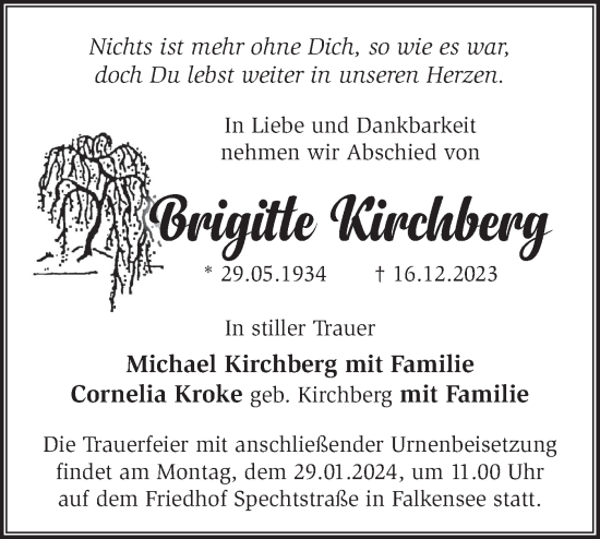 Traueranzeige von Brigitte Kirchberg von Märkische Oderzeitung